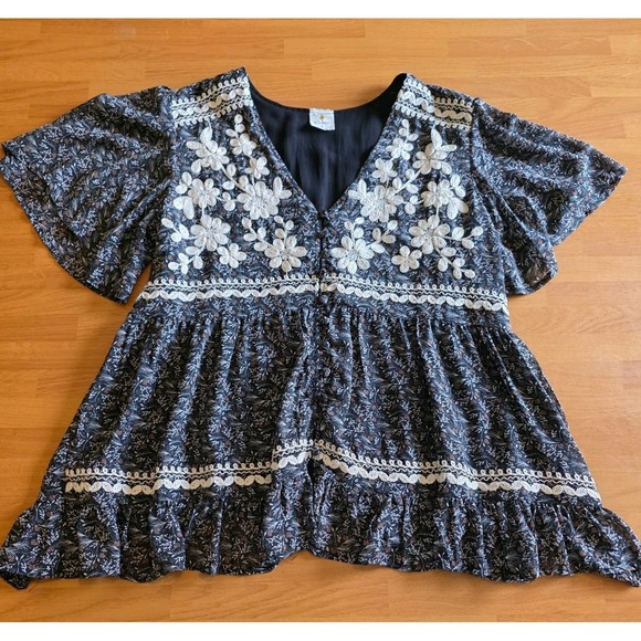 By Together Tops - By Together Womens Black Floral Embroidered Babydoll Top Boho Flutter Sleeve S